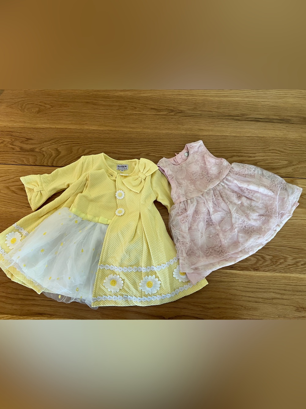 Baby Girl 2 Dress Bundle 6-9M Blueberi Boulevard Yellow Daisy & Pink Lace